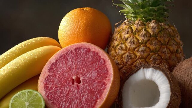 A vibrant and appetizing display of fresh, ripe tropical fruits arranged against a neutral, dark background. The composition features juicy yellow bananas glistening with natural water droplets, a bri