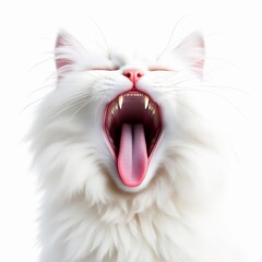 Closeup of a fluffy white cat yawning widely, showing its tongue and teeth isolated on white background