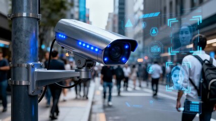 Security camera system performing facial recognition on pedestrians in busy urban environment. Data analysis for smart city infrastructure. Panning camera movement. - Powered by Adobe