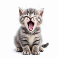 Cute tabby kitten yawning with mouth wide open isolated on white background little gray cat showing teeth