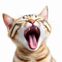 Closeup of a yawning tabby cat isolated on white background, showing its teeth and tongue with eyes closed