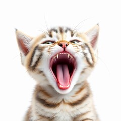 Closeup of a yawning tabby kitten isolated on white background, revealing its teeth and tongue in detail