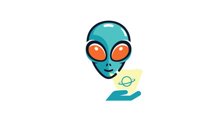 Friendly teal alien presents a planet illustration