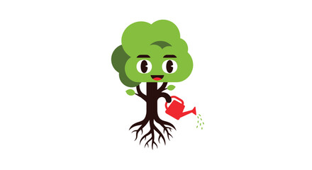 Cute tree character watering roots