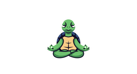Meditating cartoon turtle with green skin and a blue shell, seated in a lotus position against a white backdrop