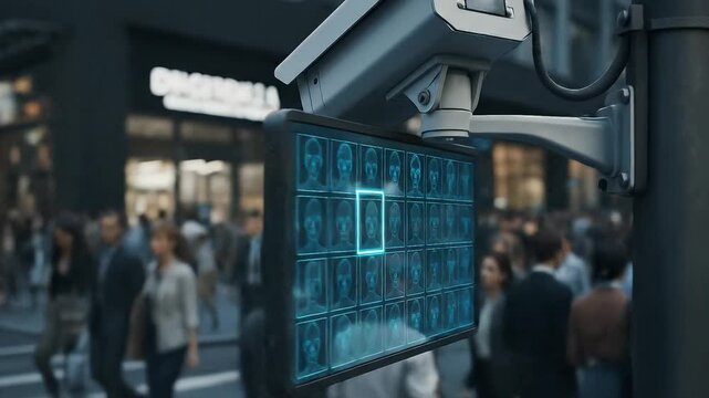 Security camera with facial recognition technology monitors urban crowd. Digital display identifies individuals in real-time on busy city street. Static close-up shot.