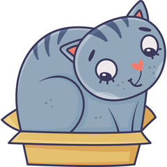 Pixel Art Gray Tabby Cat Curled Inside a Cardboard Box on a Transparent Background Cute Adorable Pet with Blue Eyes and Pink Nose Playful Innocent Expression