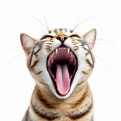 Closeup of a yawning tabby cat isolated on white background, showing its teeth, tongue, and open mouth in studio