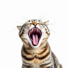 Closeup of a yawning tabby cat isolated on white background, showing its teeth and tongue in detail