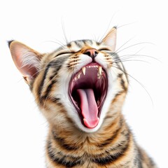 Closeup of a yawning tabby cat isolated on white background, showing its teeth and tongue in a funny way