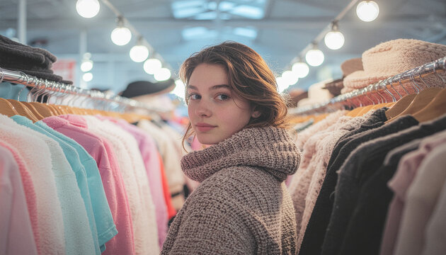 Vintage Clothing Shop Portrait Young Woman Browsing Racks Style and Fashion Finds Cozy Knit Sweater Shopping Spree - Powered by Adobe