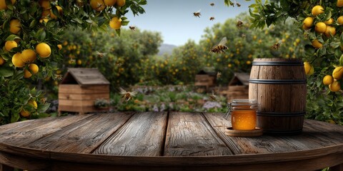 barrel of honey on an antique wooden table