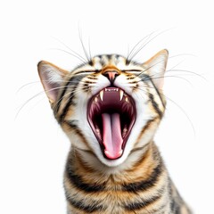 Closeup of a yawning tabby cat isolated on white background, showing its teeth and tongue with eyes closed