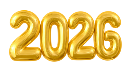 Isolated 3D Balloon Golden New Year 2026 Numbers Showcased in Glossy Finish Against a Transparent Background for Celebrations
