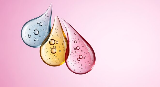 Three drops of colored gel with bubbles on a pink background for beauty products