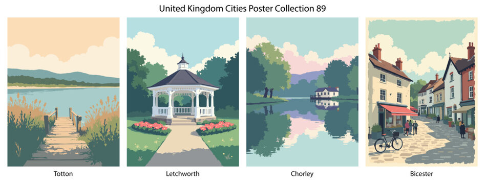 Totton, Letchworth, Chorley, Bicester Flat Vector Poster Collection