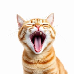 Ginger cat yawning isolated on white background closeup portrait of a cute tabby cat with open mouth and teeth