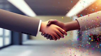 Business partnership handshake with diverse hands in slow motion with confetti celebration, symbolizing global collaboration and success, video footage - Powered by Adobe
