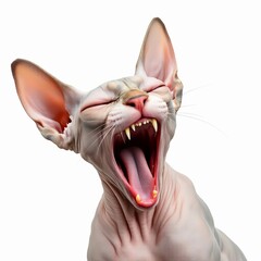 Sphynx cat yawning isolated on white background hairless kitten showing its teeth and tongue in a funny way