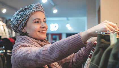 Woman smiles shopping for clothing at boutique sweater hat scarf happiness retail therapy shop lifestyle fashion choice
