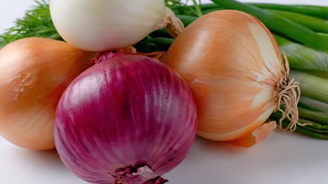 A vibrant and healthy assortment of fresh vegetables is artfully displayed on a crisp white background. The composition features a variety of onions, including a large, pristine white onion, rich, dee