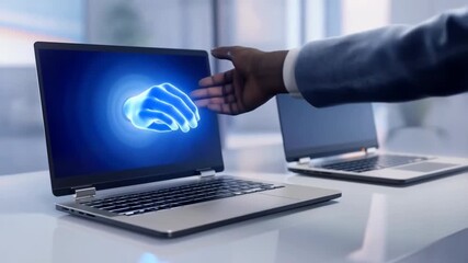 Futuristic digital handshake between human and virtual hand over laptops symbolizing remote business collaboration - Powered by Adobe