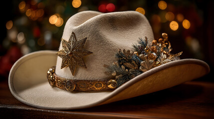 Christmas cowboy hat on decorated  background