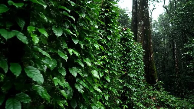 Lush green foliage covers a wall in a damp forest environment.