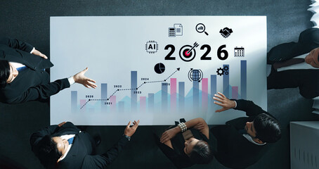 Bar graphs, charts, and number 2026 with AI and data analysis icons symbolizing future business innovation and analytics Parse