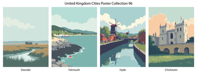 Naklejka premium Deeside, Falmouth, Hyde, Chichester Flat Vector Poster Collection