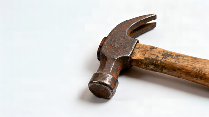 A well-used, rusty claw hammer with a worn wooden handle, set against a plain background. Captures the essence of age, wear, and the history of manual labor.