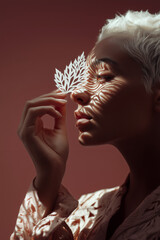 Woman with short white hair holds up a paper cut art of an oak leaf to her face. the light from the shadow casting on her skin