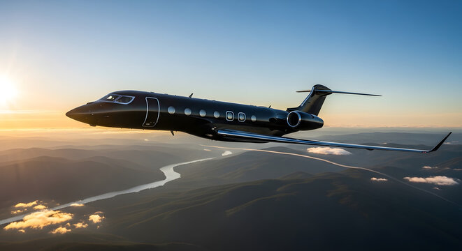 Luxury black private jet soars above scenic mountains and winding river at sunset conveying exclusivity and travel