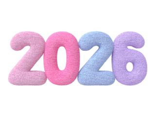 Isolated Stylized Plush Fabric New Year 2026 Numbers in Soft Colors on a Transparent Background
