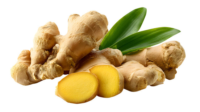 Fresh Ginger Root with Slices and Green Leaves spice isolated on a transparent background
