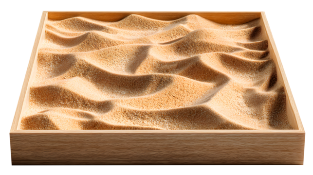 Wooden Box Filled with Sand Dunes desert landscape isolated on a transparent background