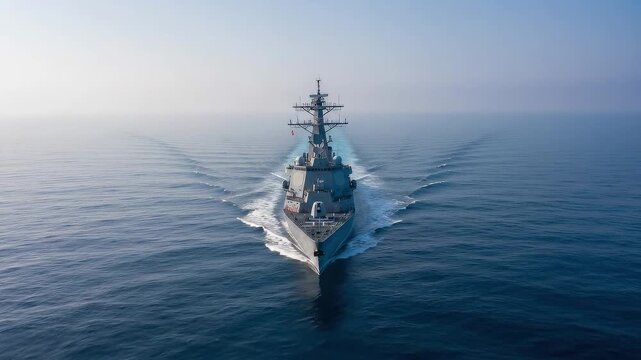 Naval warship navigates vast open ocean, cutting through calm blue water. Aerial view with dynamic camera panning and tilting.