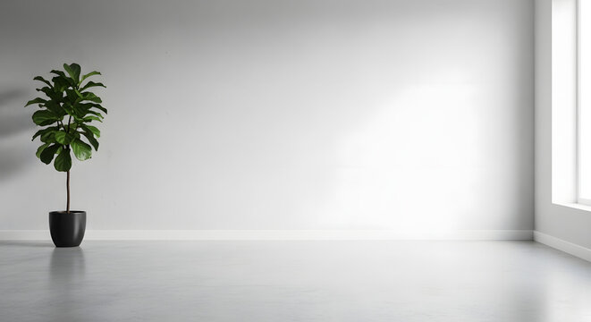 Serene minimalist interior featuring a lush fig tree and clean white walls capturing simplicity and spaciousness