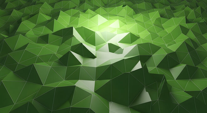 Abstract geometrical low poly background in shades of green representing hills or land formations with a central