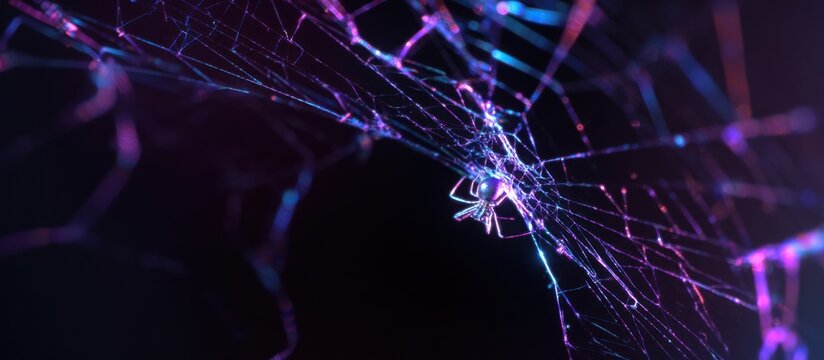 Glowing neon spider web suspended in darkness, electric blue and purple strands, small metallic cyber spider at the center, sci fi aesthetic