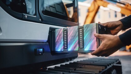 Obraz premium A person's hands are inserting a glowing, modular battery pack into the side compartment of a tracked excavator, highlighting advanced power solutions for heavy machinery.