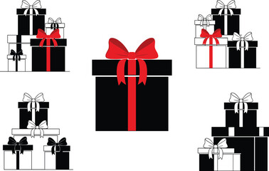 Elegant black and white gift boxes with red ribbons, festive present illustration for holiday celebration, decoration design, and seasonal events