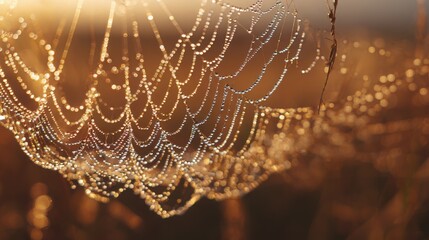 Hyper realistic close up of a perfectly round spider web covered in sparkling dew at sunrise, golden light illuminating each droplet, no spider