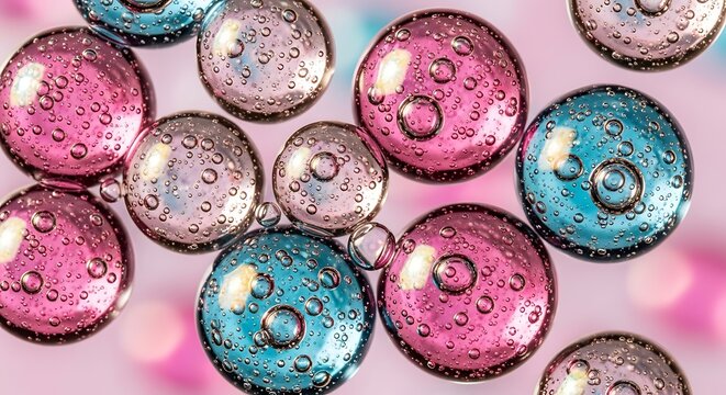 Colorful easter eggs with bubbles on pink background for holiday celebration