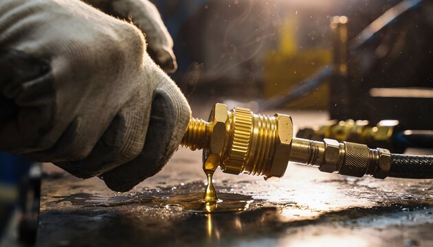 Close-up of a gloved hand working with brass fittings and a hose, with oil dripping onto a dark surface in an industrial setting.