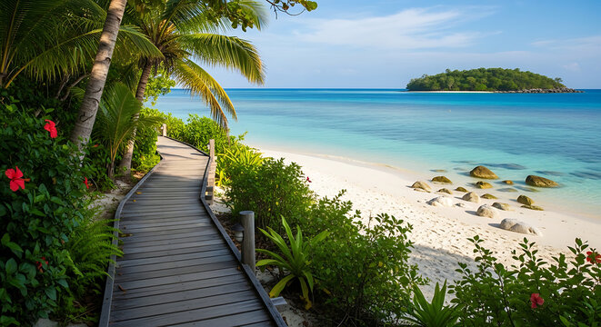 Tropical boardwalk leading to a pristine beach and island