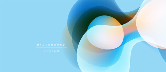 Abstract fluid shapes, light blue backdrop. Modern design elements create dynamic visual flow. Minimal text present, clean aesthetic.
