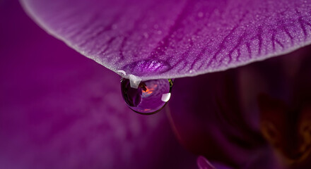 Purple orchid petal with a glistening water droplet