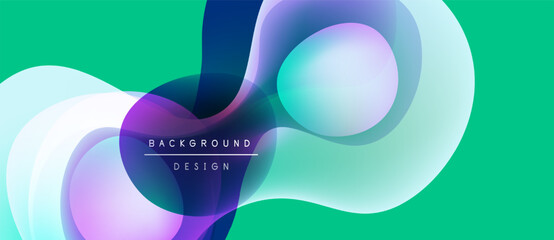 Abstract flowing shapes, vibrant colors, modern design. Turquoise background complements purple, blue gradients. Minimalist aesthetic.