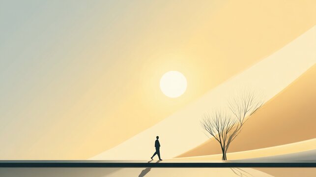 minimalistic bright outdoor scene, person walking on a path, soft sun glow, open space, clean simple background, symbolic light movement and daily